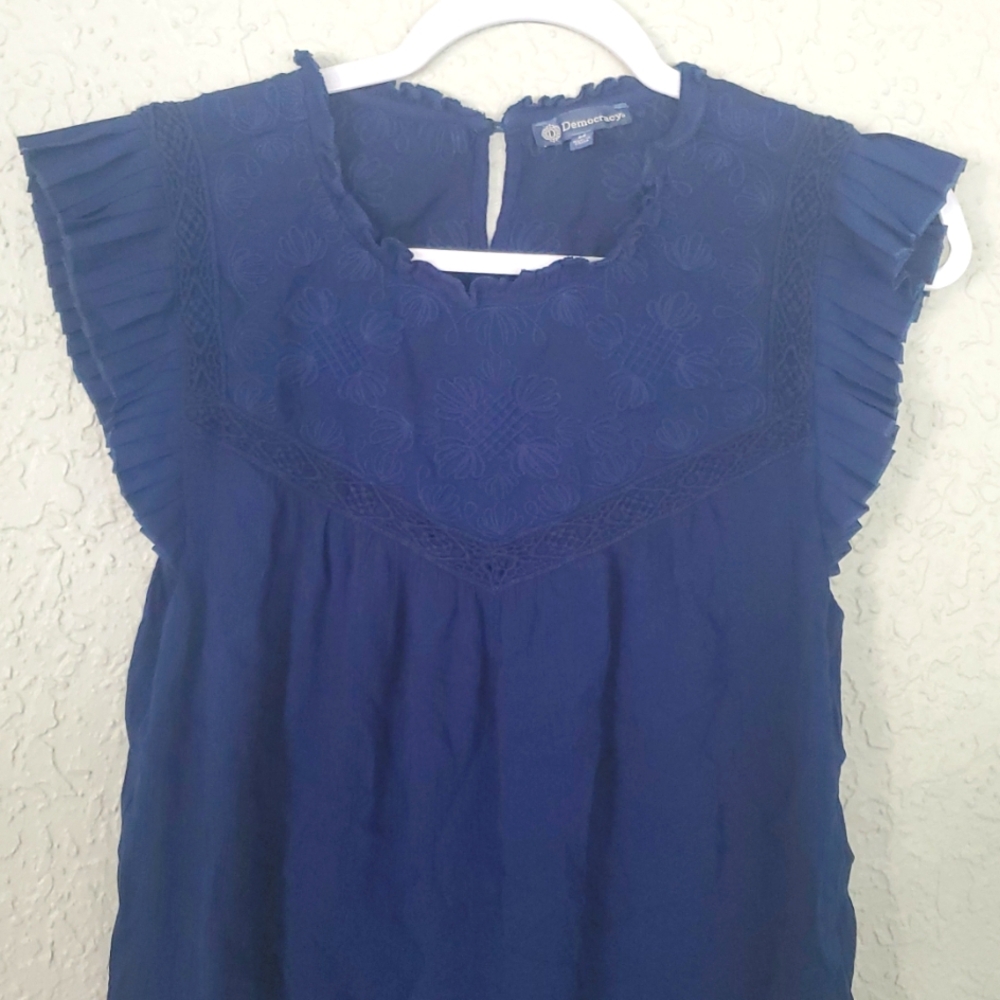 Democracy Blue Flutter Sleeve Ruffled Blouse